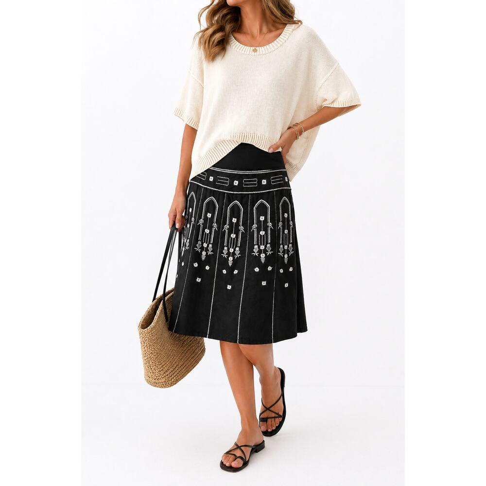 TWEEDS Black Linen Blend Embroidered Skirt Boho Midi A-Line Cottagecore | Size 6